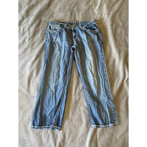 Miss Chic Medium Wash Rhinestone Cross Capri Jeans Size 9 B067 Y2K Denim Cropped